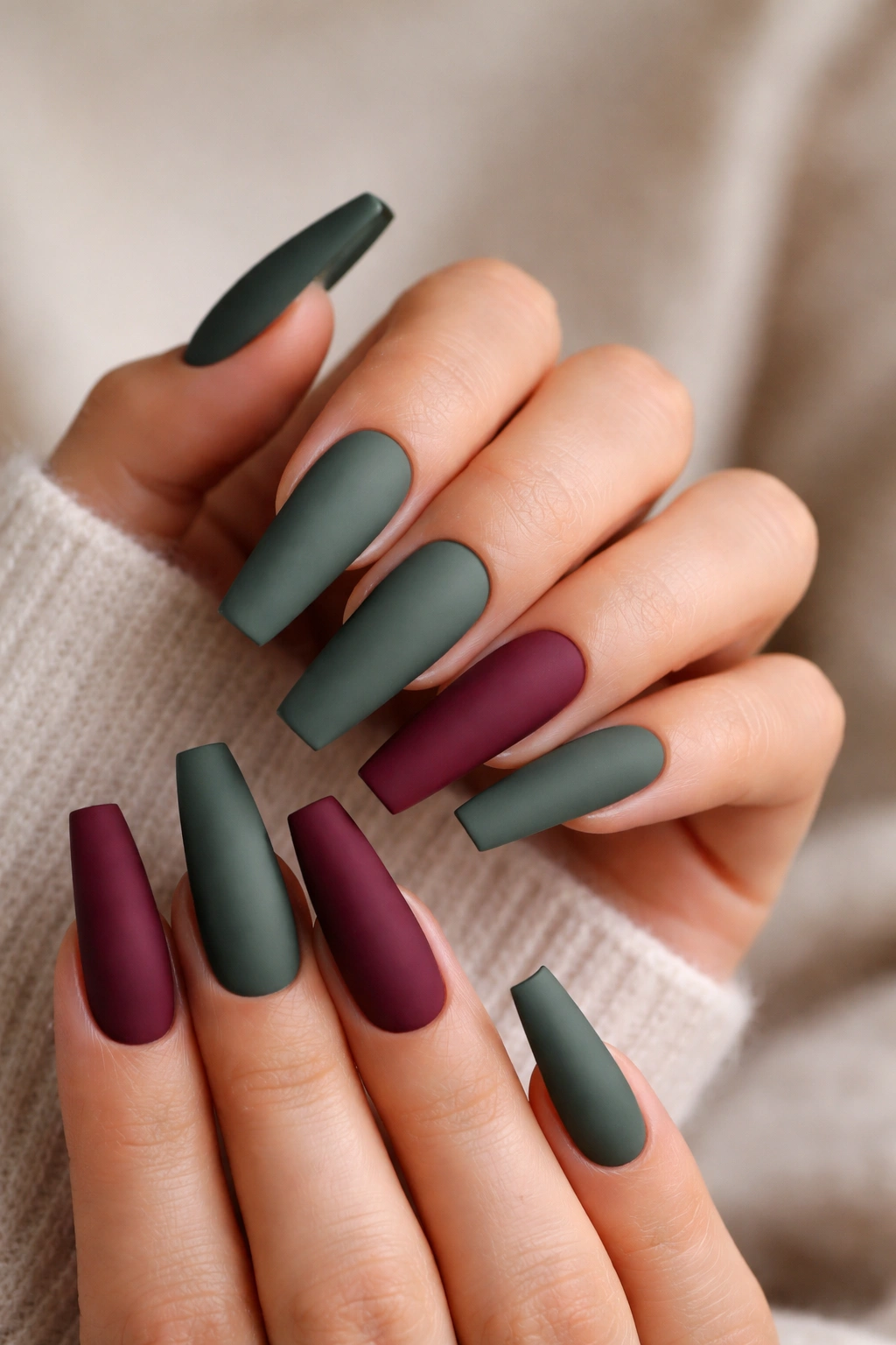 Ivy-green matte coffin nails with burgundy accent nails