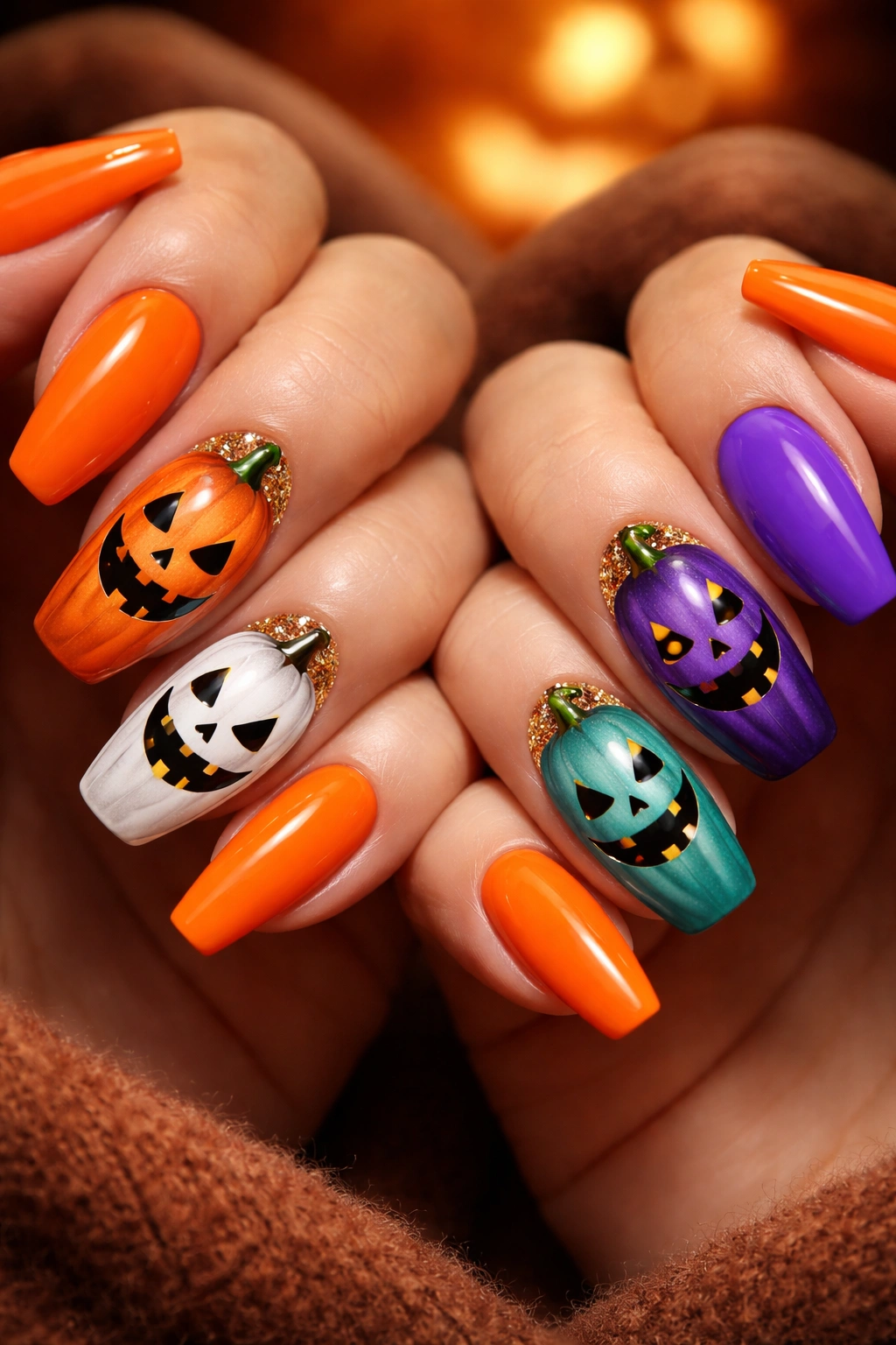 Two hands with jack-o'-lantern nails showing carved faces on orange bases.