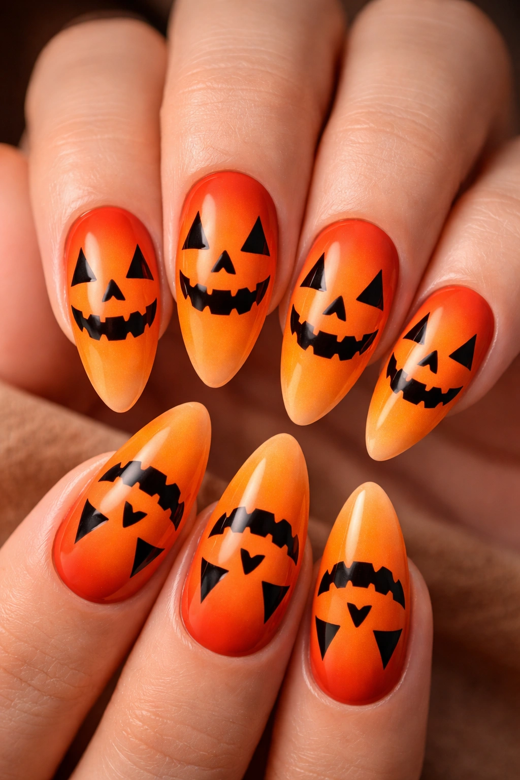 Almond nails with orange gradient and jack-o-lantern faces