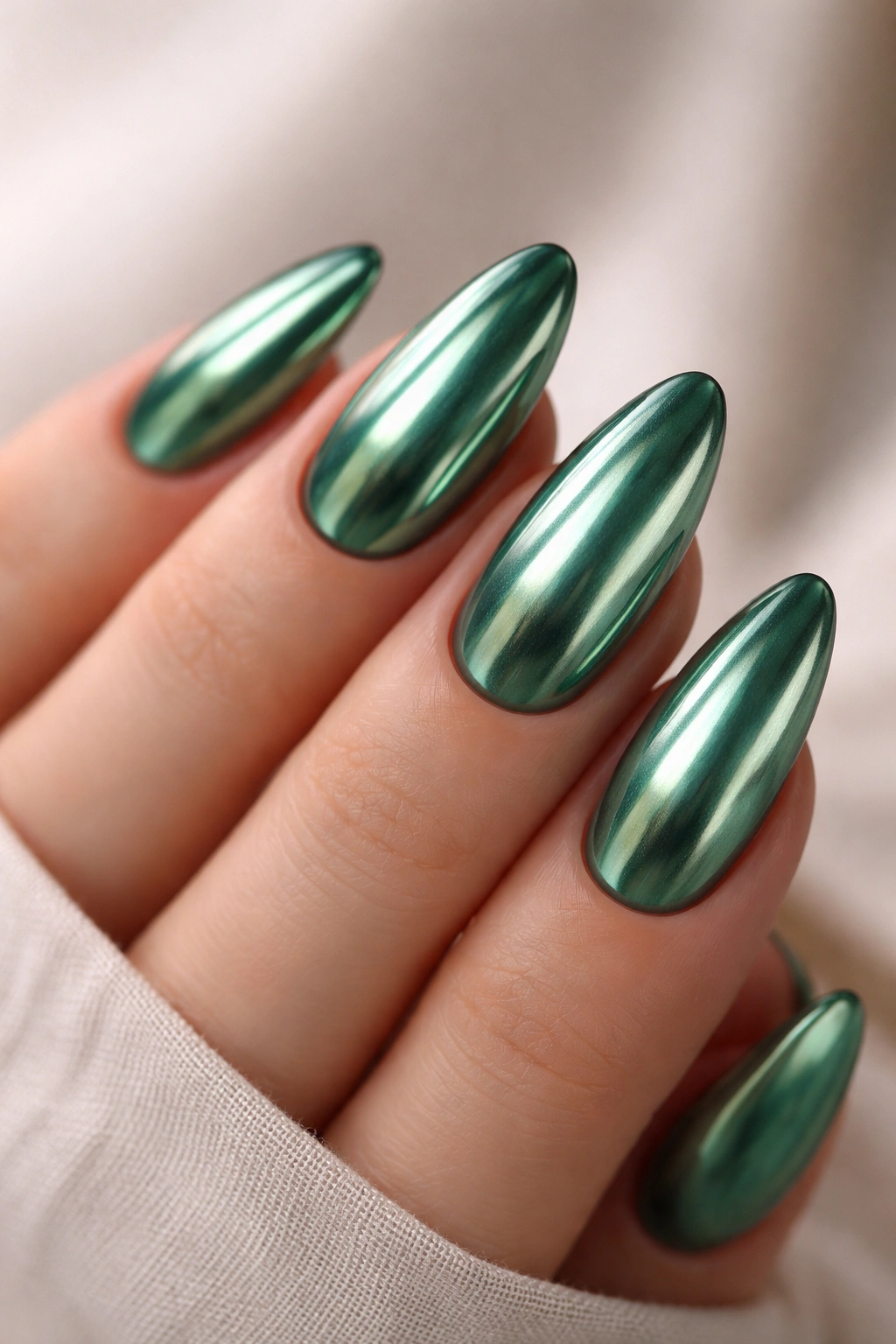 Close-up of jade chrome almond nails with mirror finish.
