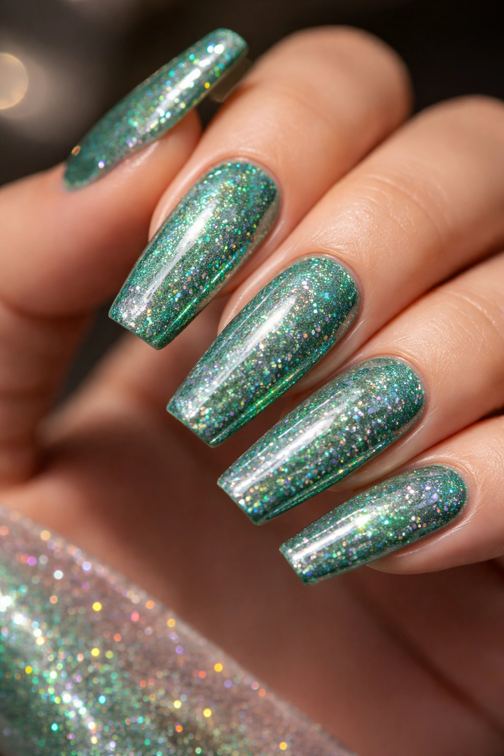 Jade green coffin nails with holographic sparkle
