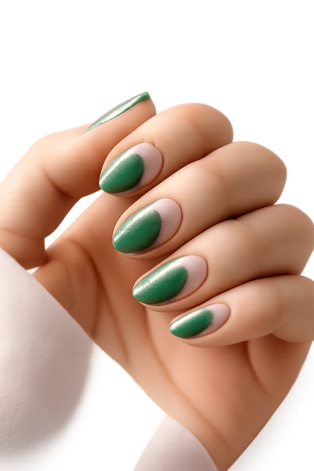 Close-up of jade green nails with clear negative space on short oval nails