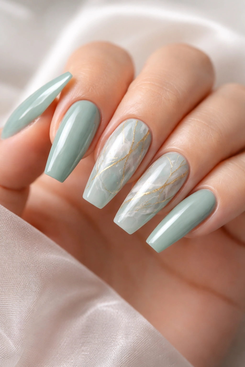 Close-up of jade marble nails with thin gold veins on a ballerina manicure