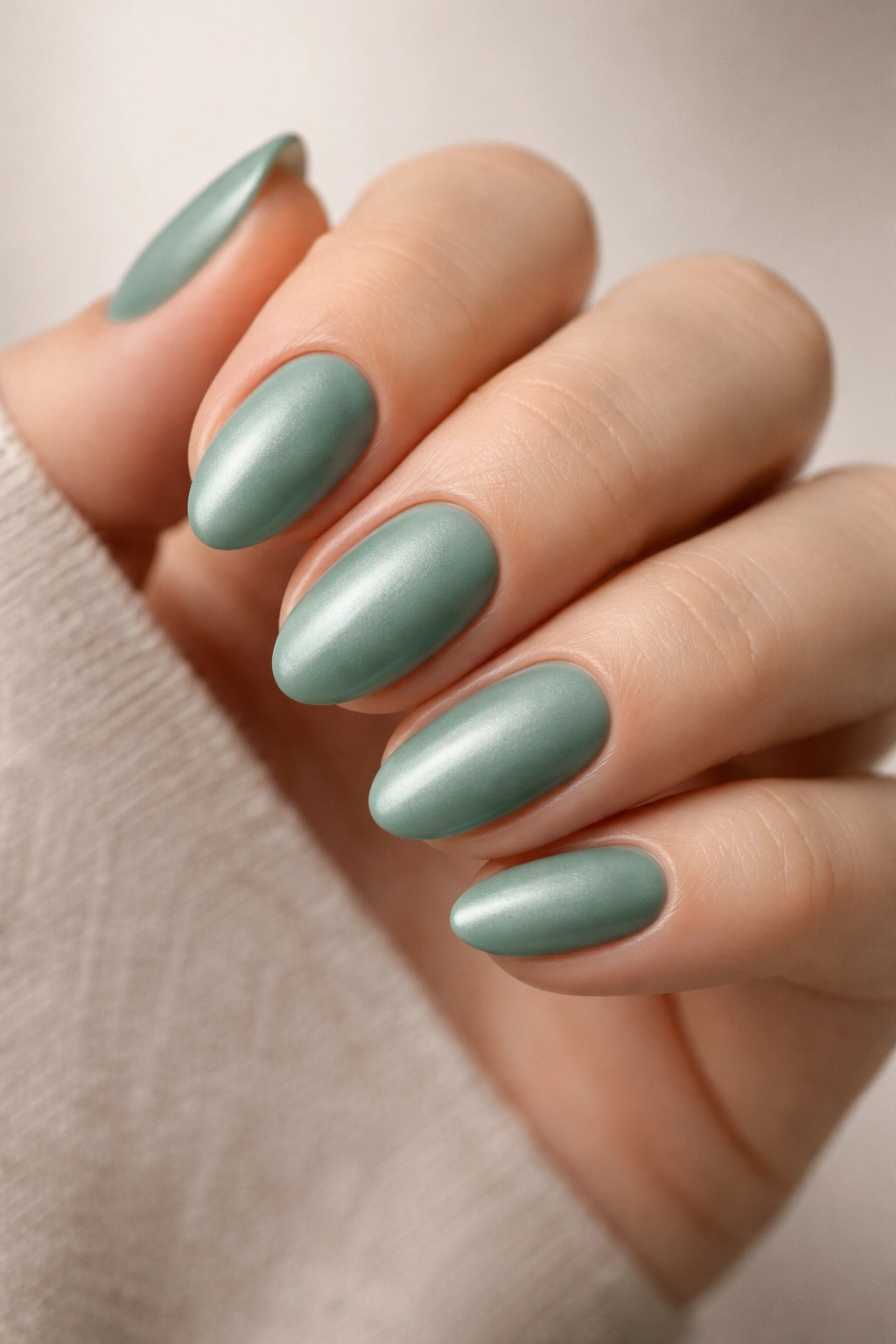 Close-up of short almond nails in muted jade with a satin finish