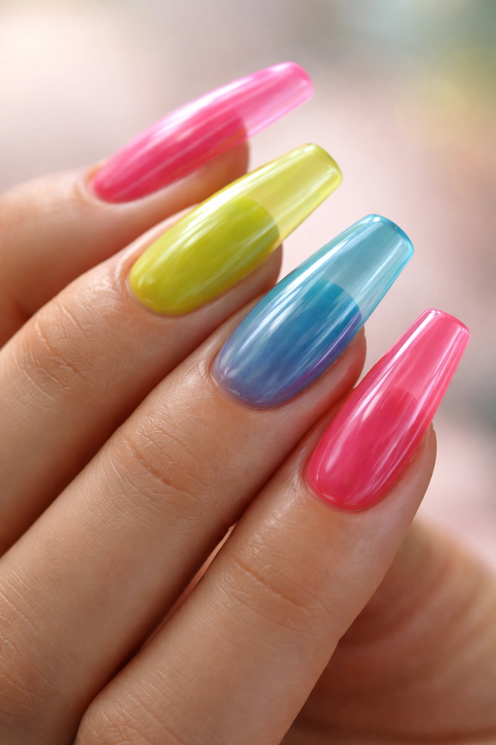 Acrylic jelly nails with translucent neon colors showing nail bed through