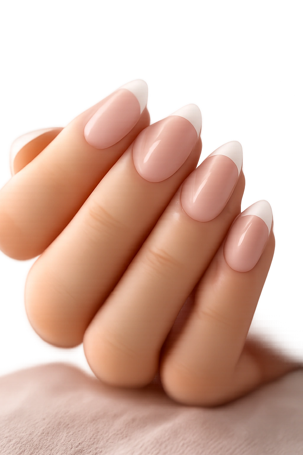 Close-up of short almond nails with transparent jelly base and white tip