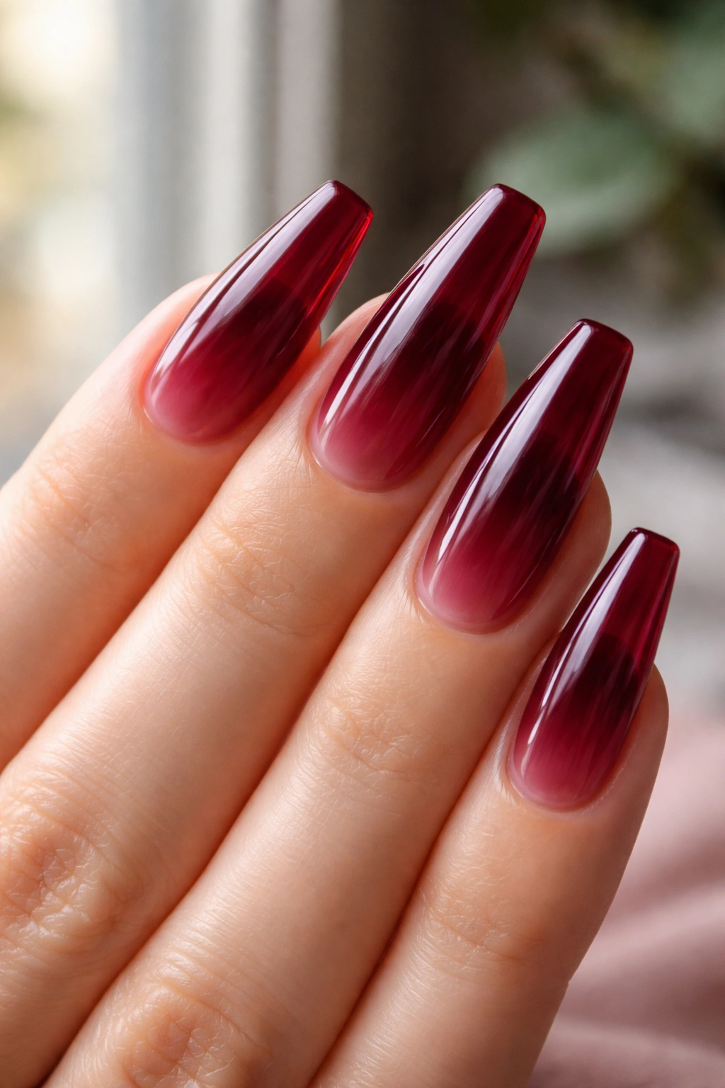 Close-up of jelly burgundy ballerina nails with milky base near a window