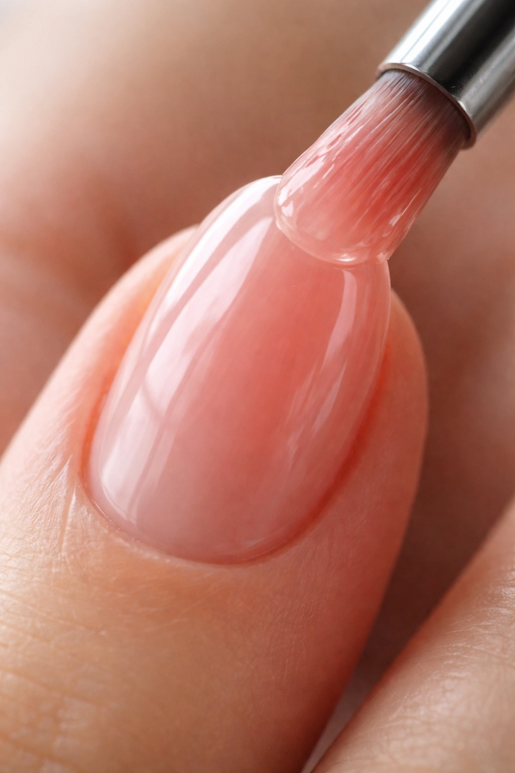 Macro close-up showing depth of jelly polish on short oval nails