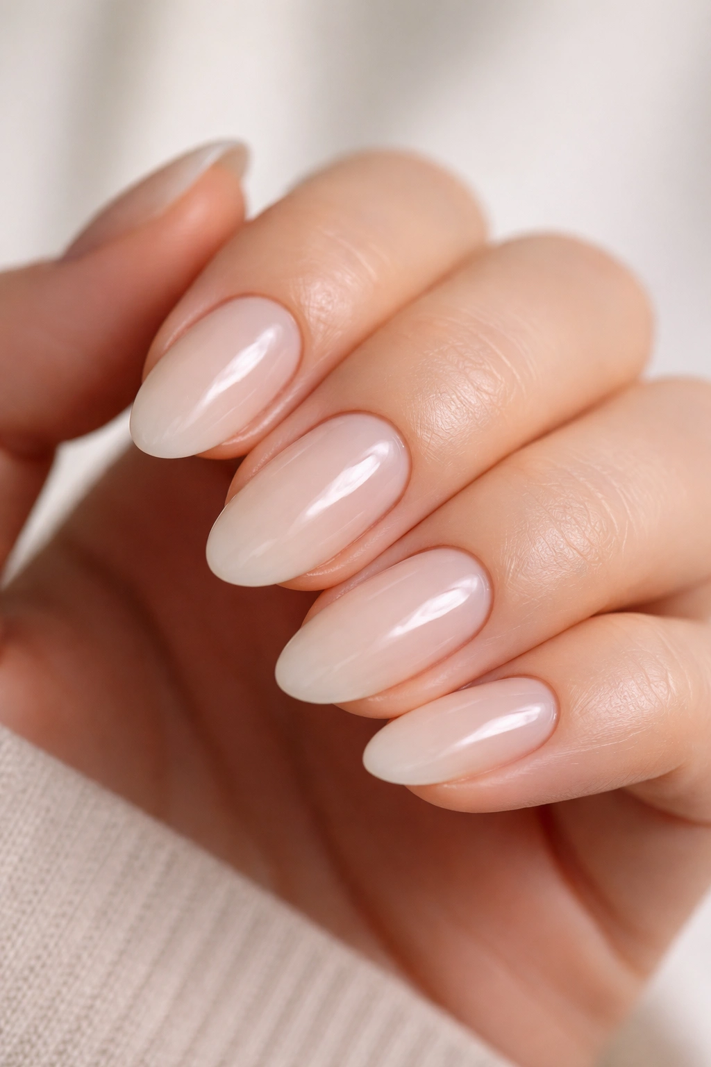 Close-up of short almond nails with a translucent jelly finish in off-white.