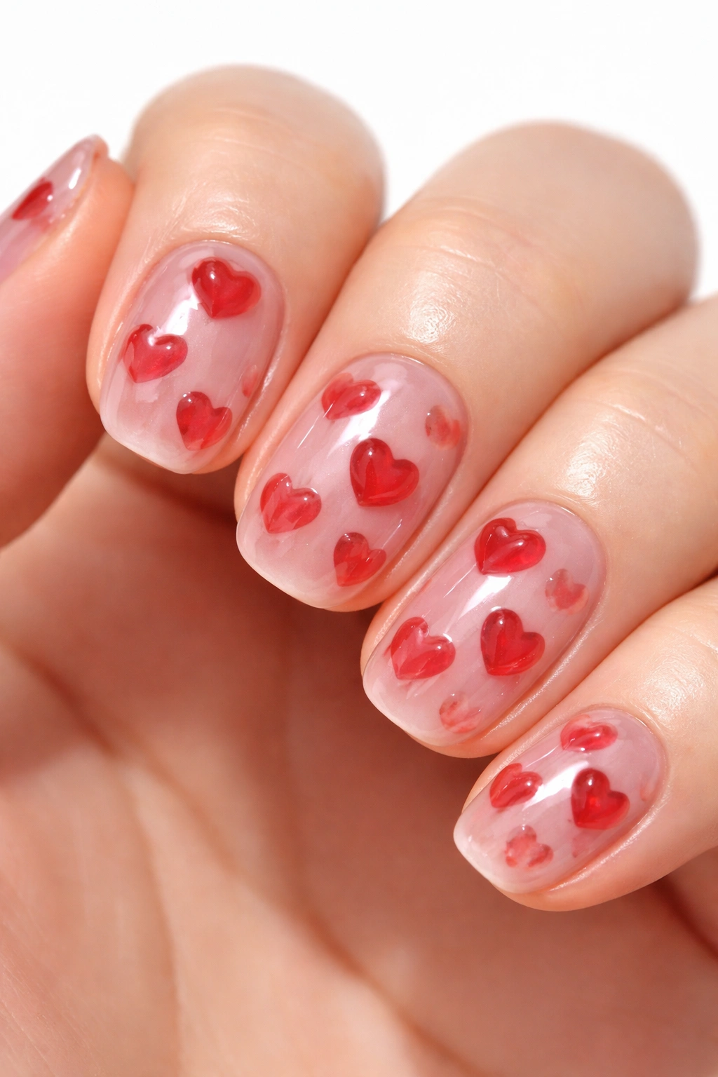 Close-up of short nails with translucent red jelly hearts floating in a sheer red base