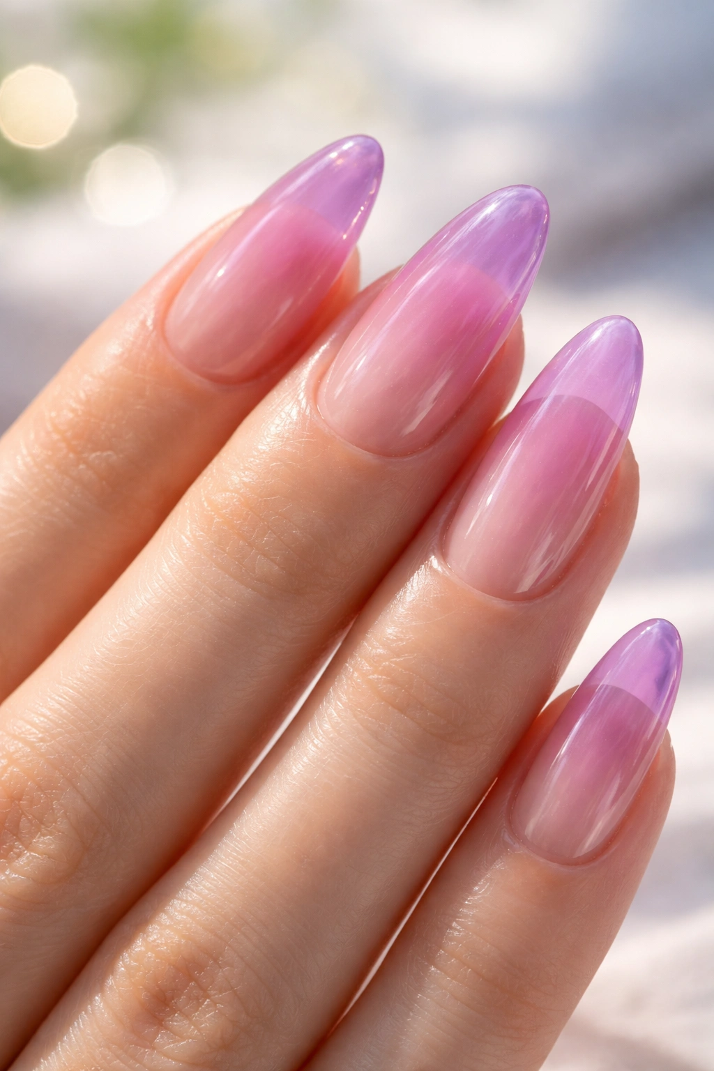 Almond nail with translucent jelly tint showing natural nail beneath