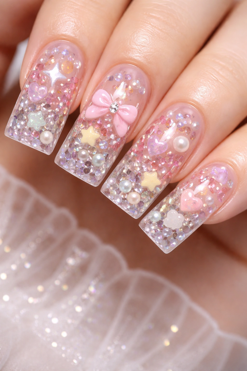 Jelly nails with confetti and tiny 3D charms suspended in translucent gel