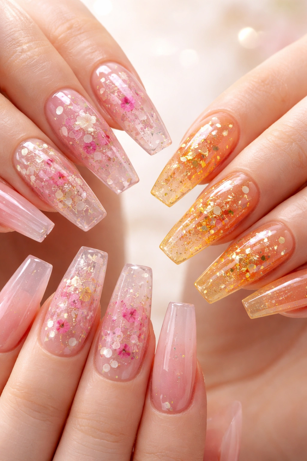 Close-up of jelly coffin nails with embedded glitter, dried flowers, and gold foil visible through translucent polish