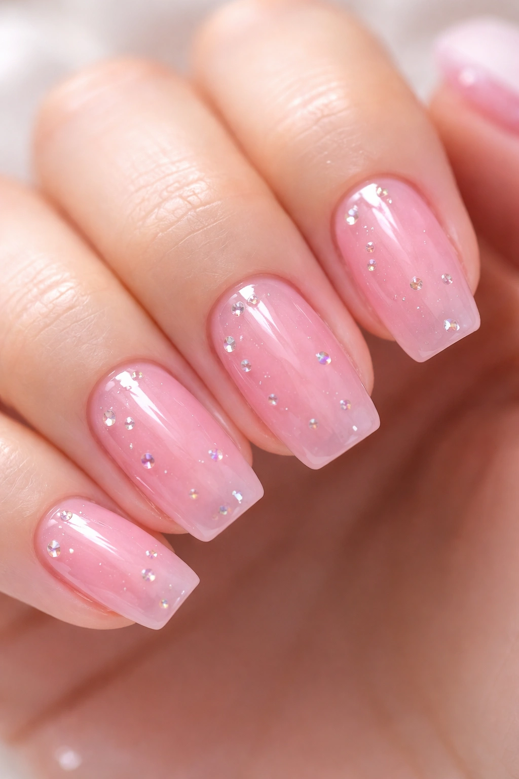 Close-up of jelly pink coffin nails with small gems embedded in translucent polish
