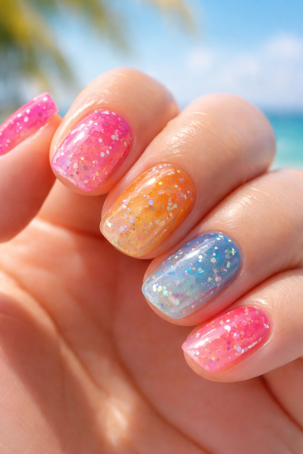 Translucent jelly nails with iridescent flakes in pink orange blue