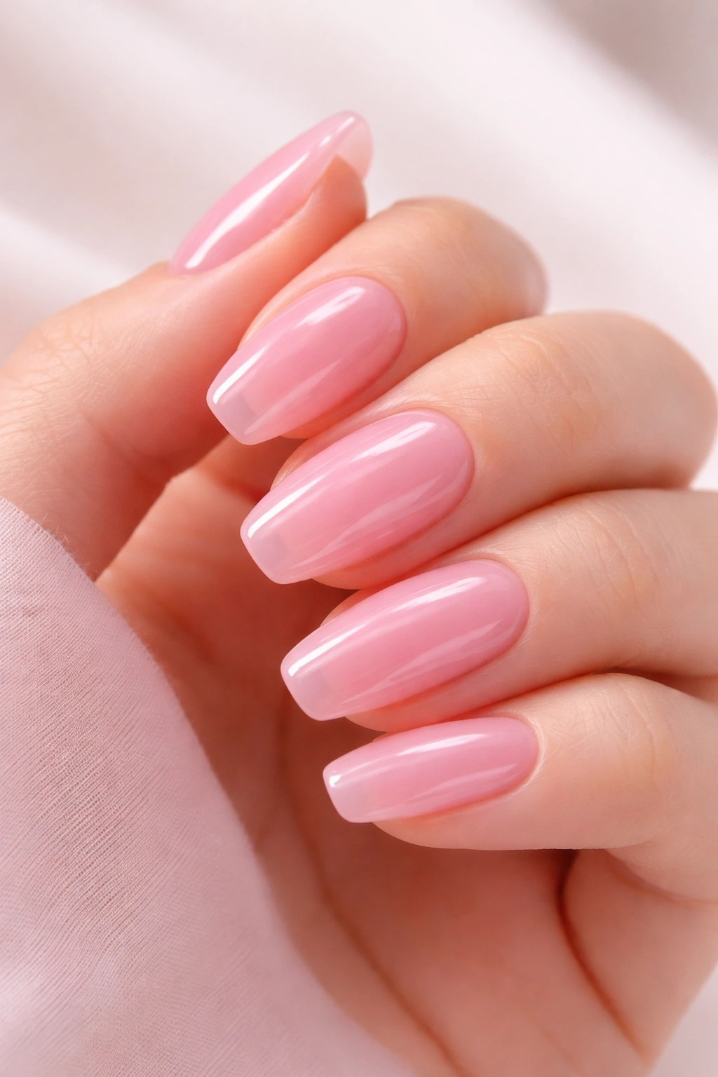 Close-up of translucent baby pink jelly nails with a glossy finish
