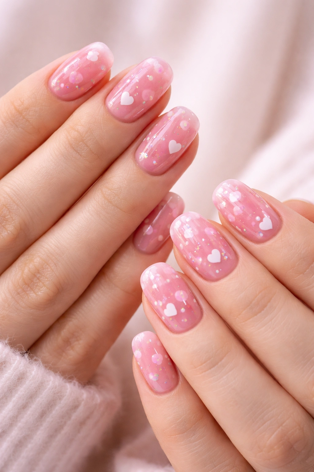 Close-up of hands with pink jelly nails showing suspended hearts under translucent polish