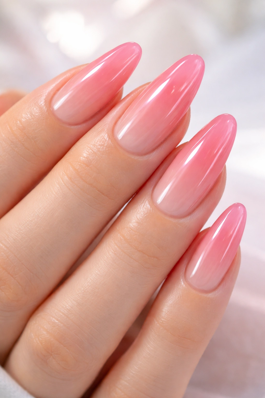 Close-up of jelly ombre nails with translucent pink-to-clear gradient