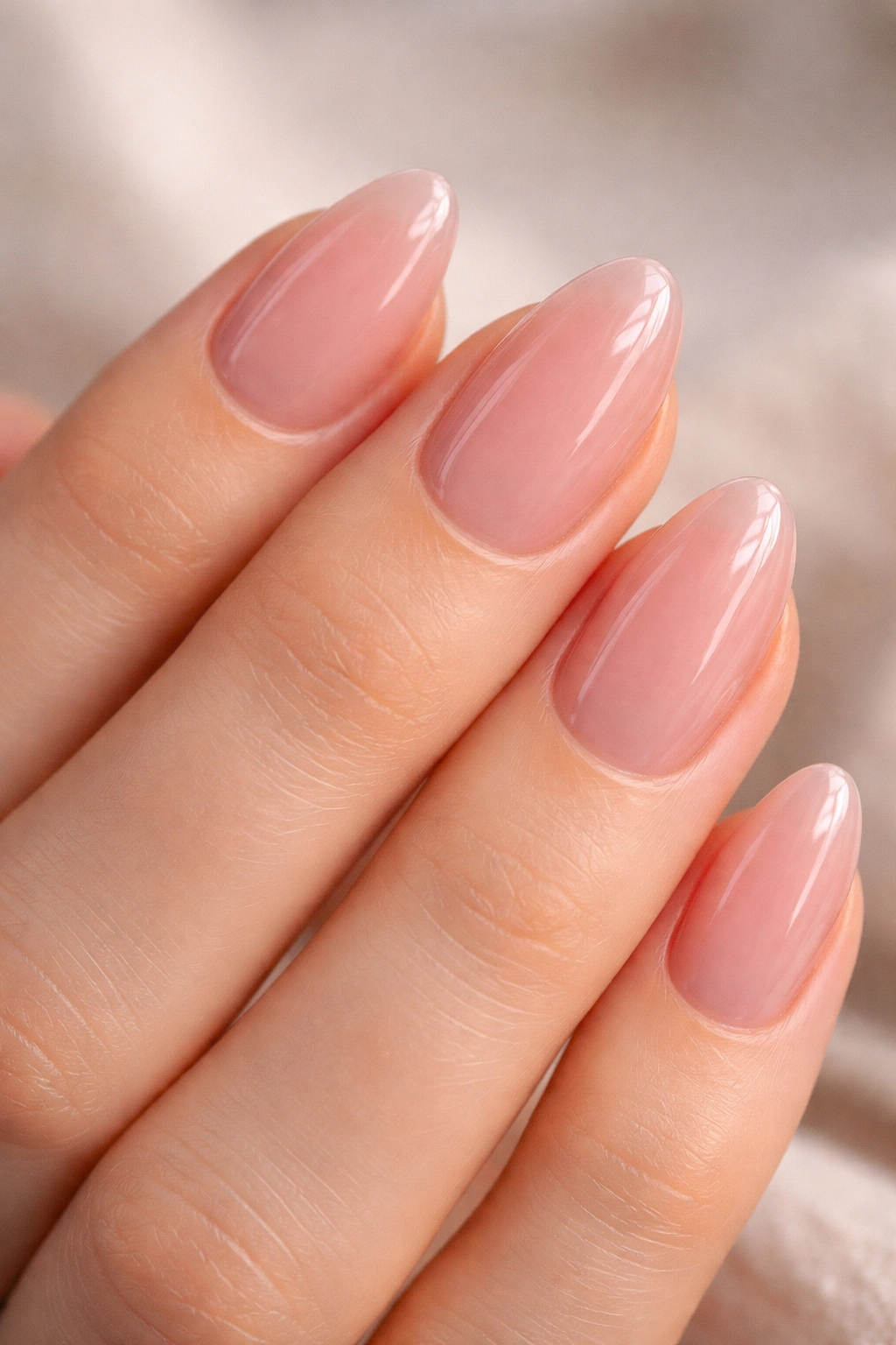 Close-up of clear pink jelly almond nails with sheer translucence