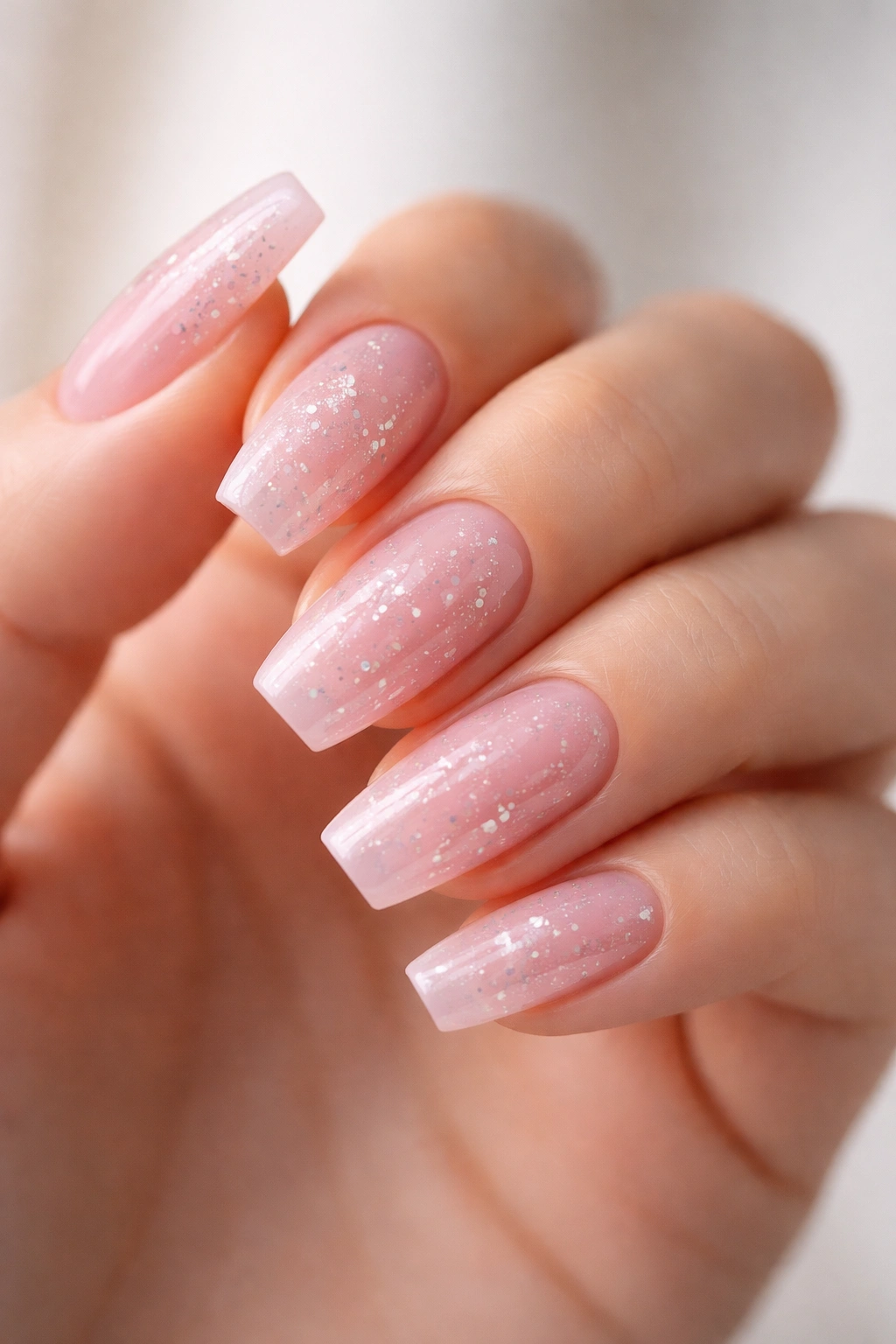 Close-up of sheer pink jelly nails with floating glitter on a single hand