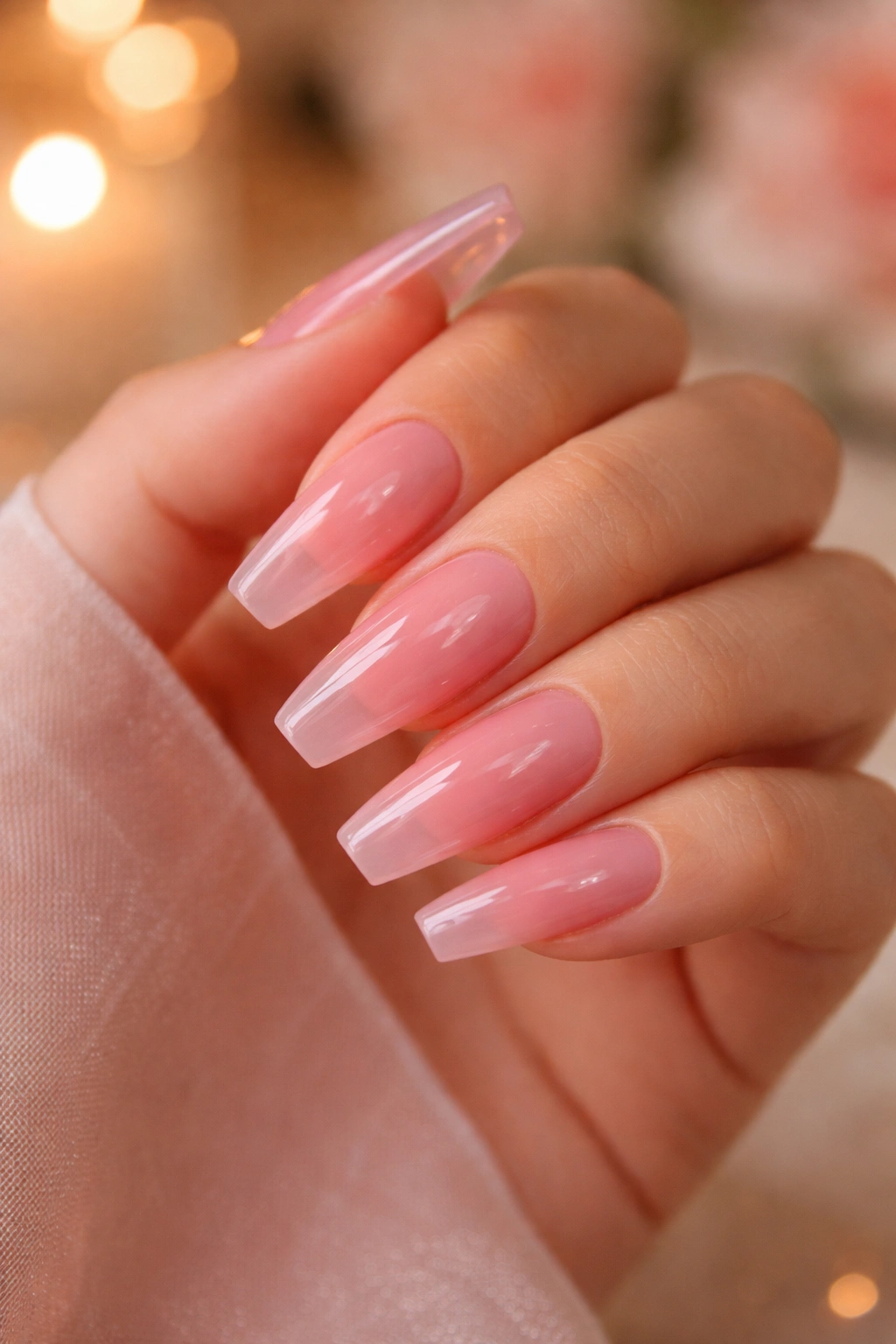 Rosé jelly ballerina nails with high-gloss translucent finish