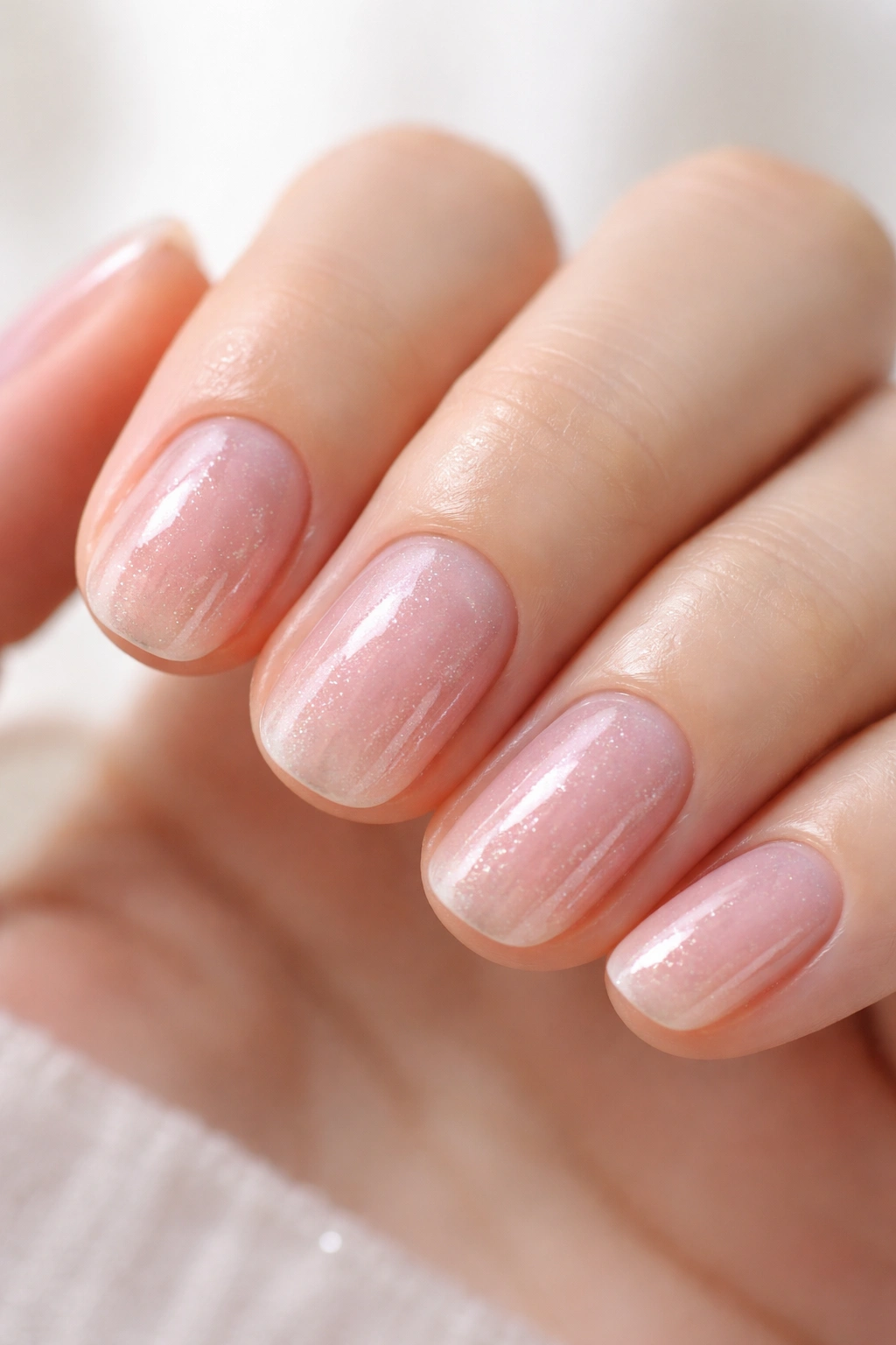 Close-up of jelly nails with shimmer on short nails