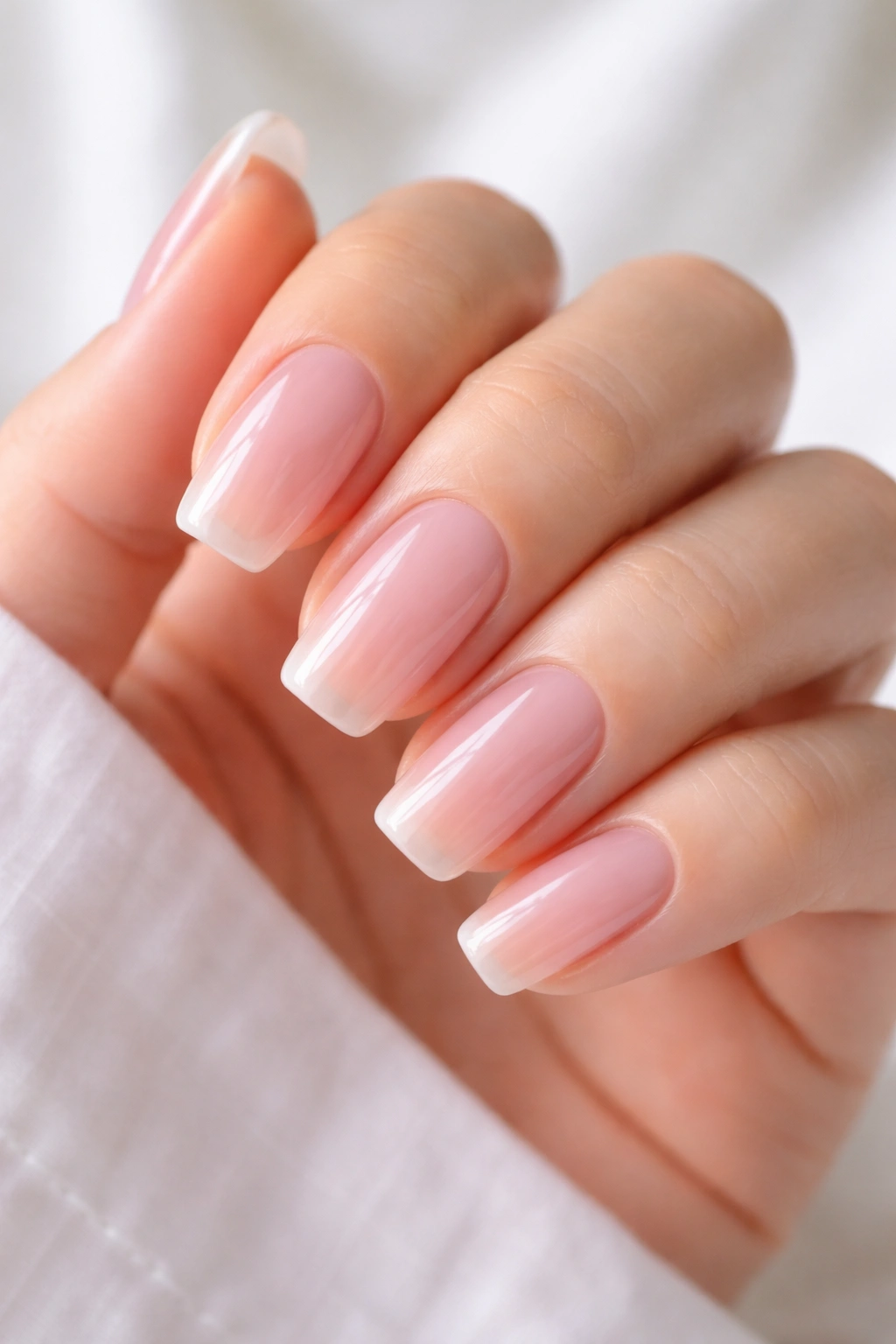 Square-oval nails with translucent pink jelly polish