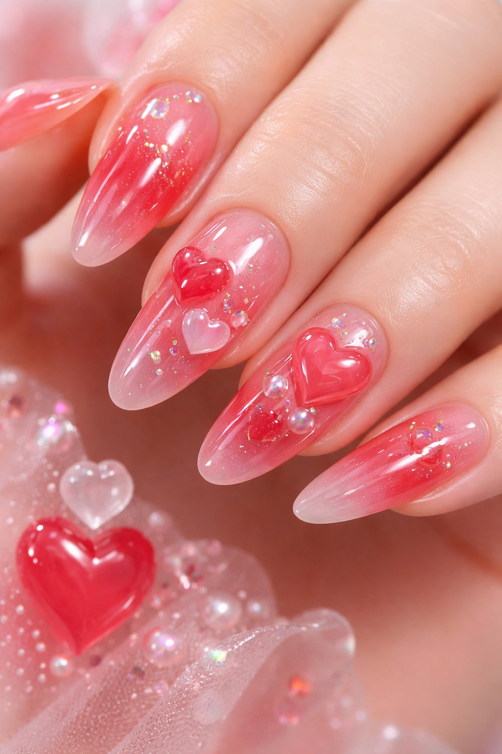 Close-up of translucent jelly nails with layered pink and red hues