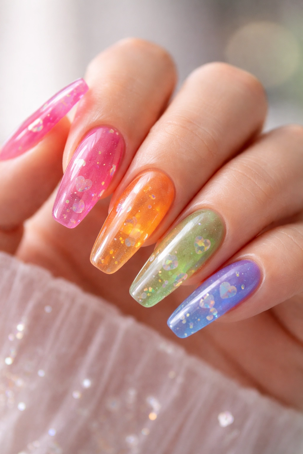 Close-up of jelly nails with translucent glossy finish