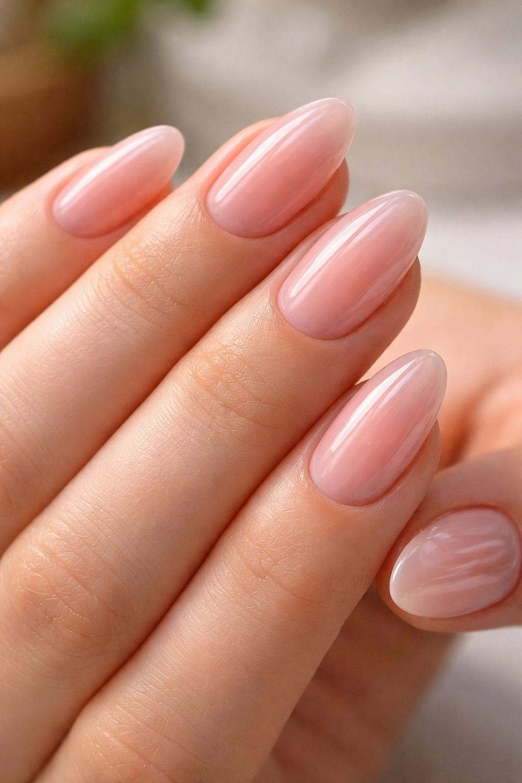 Close-up of translucent jelly pink almond nails on a short nail
