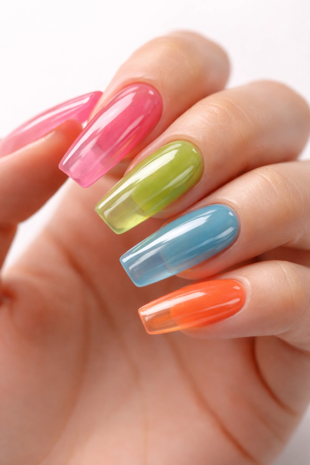 Close-up of jelly nails with translucent candy colors