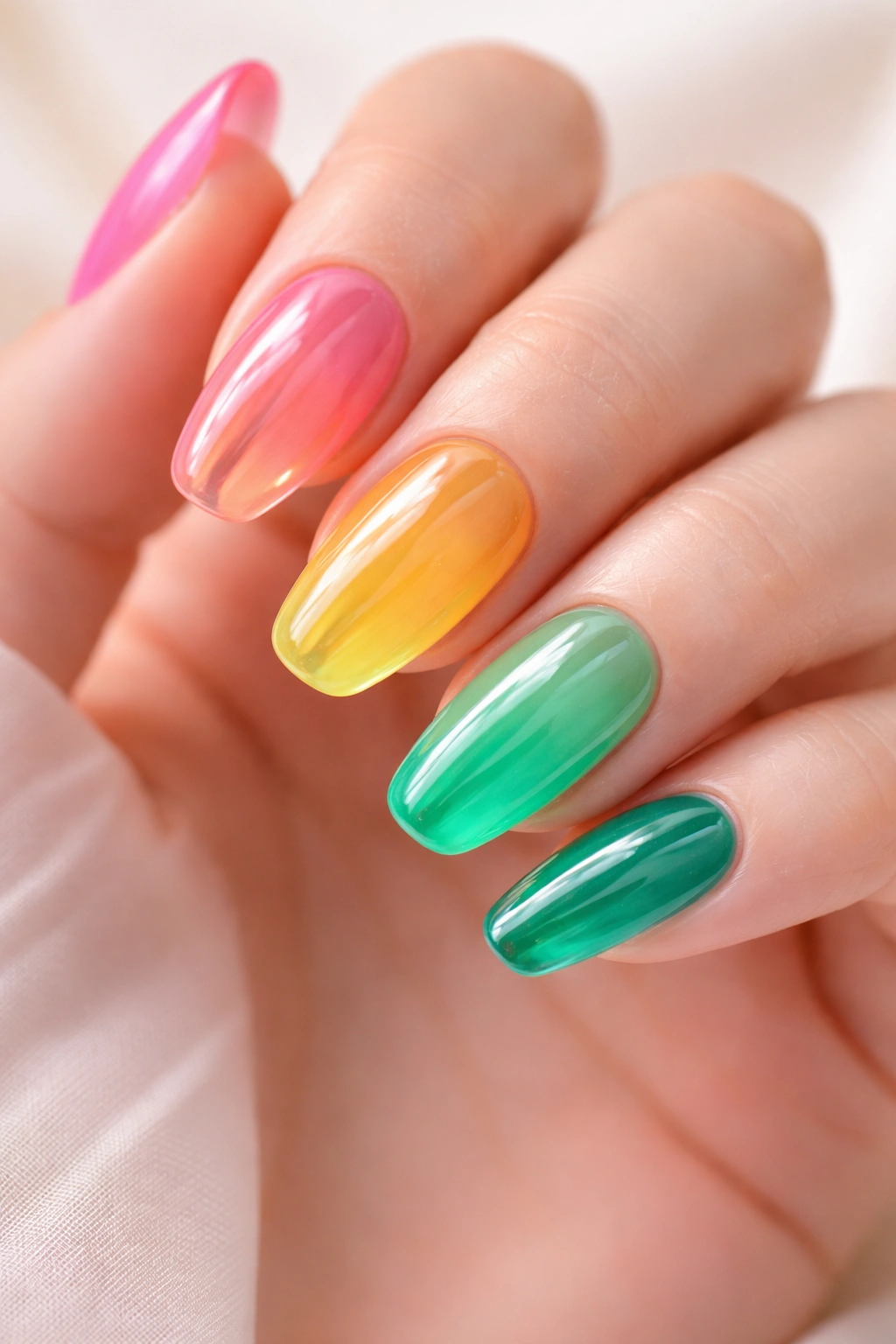 Close-up of jelly nails with a glossy translucent gel in pastel pink and emerald tones
