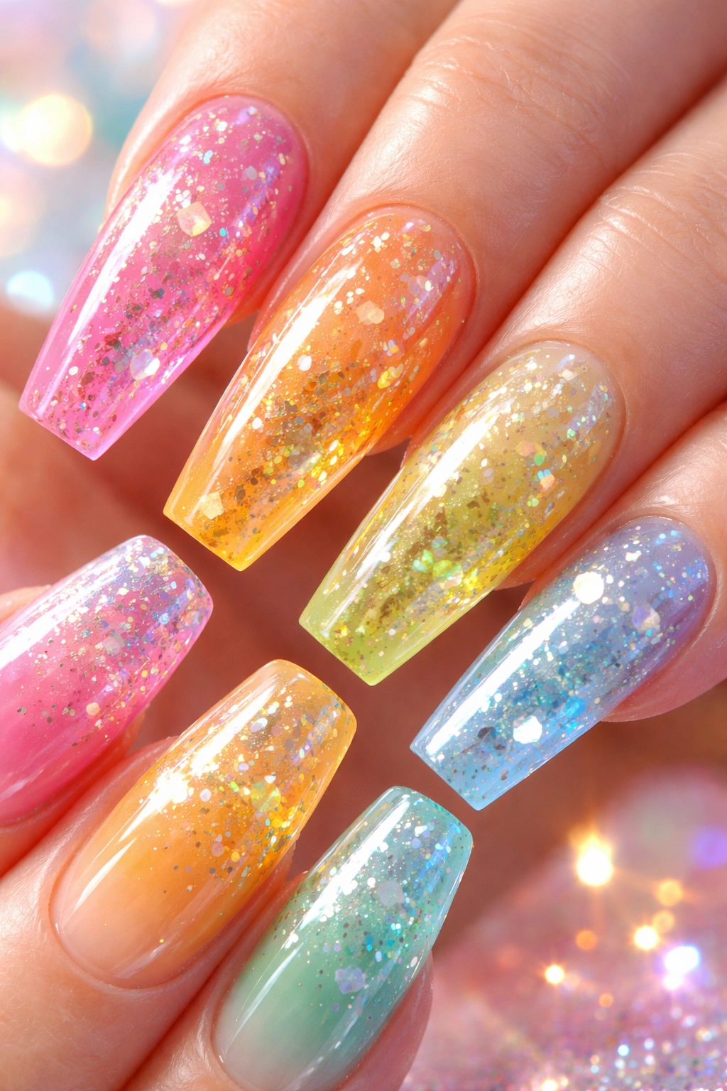 Close-up of translucent jelly nails with depth and sparkles