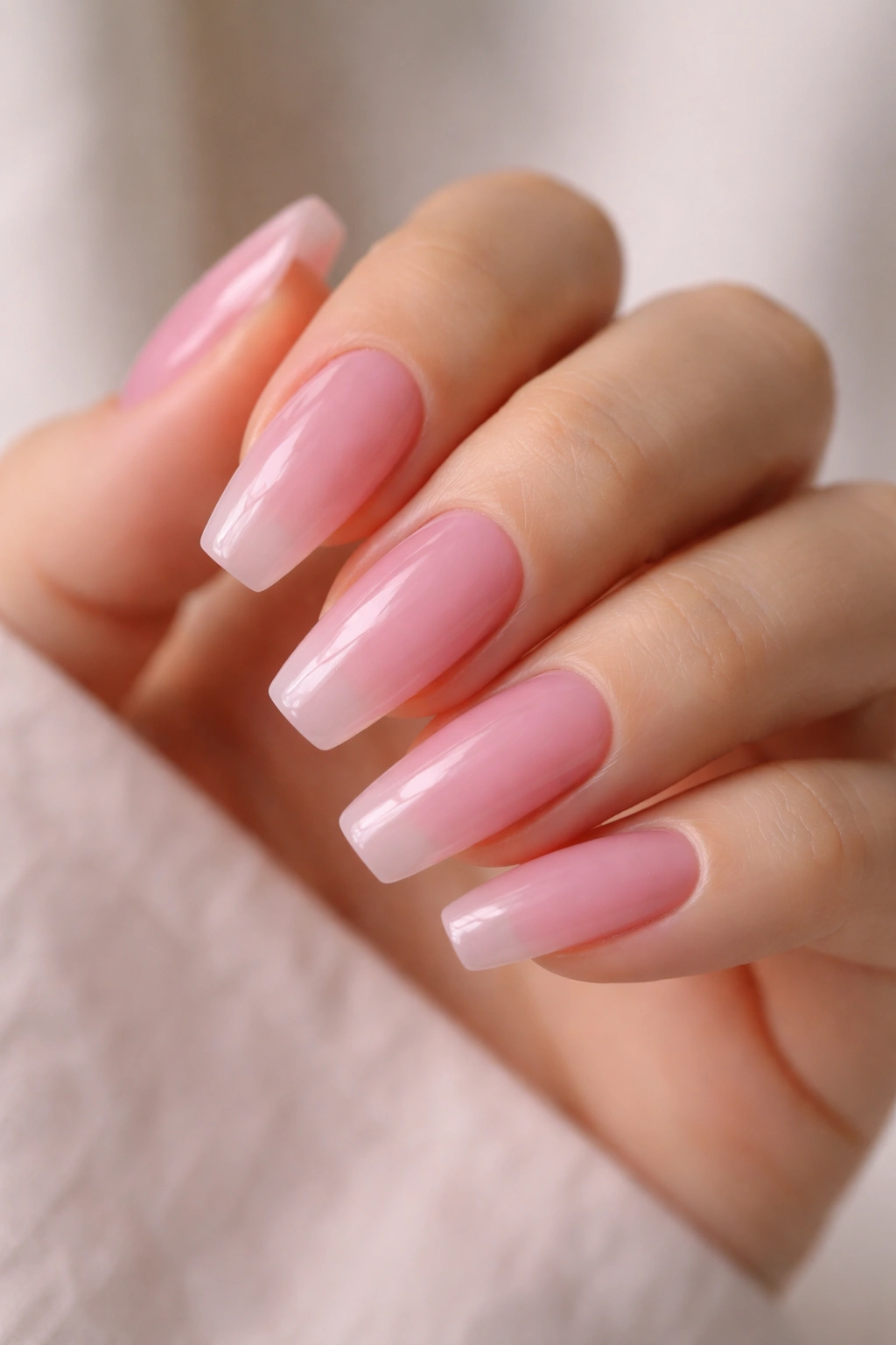 Close-up of light pink jelly nails on medium coffin nails showing translucent gloss and depth.