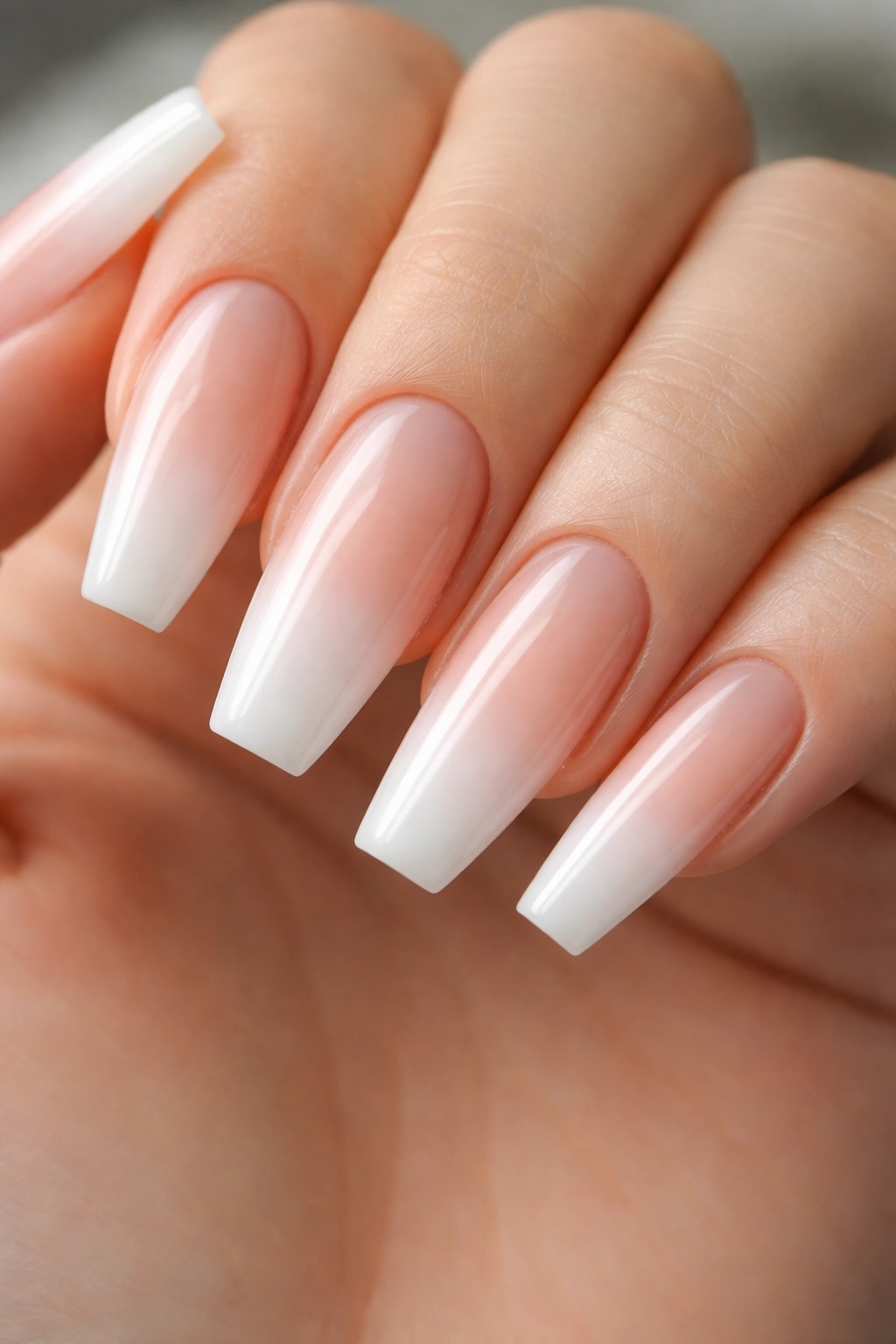 Jelly nude to white airbrushed tips on ballerina nails