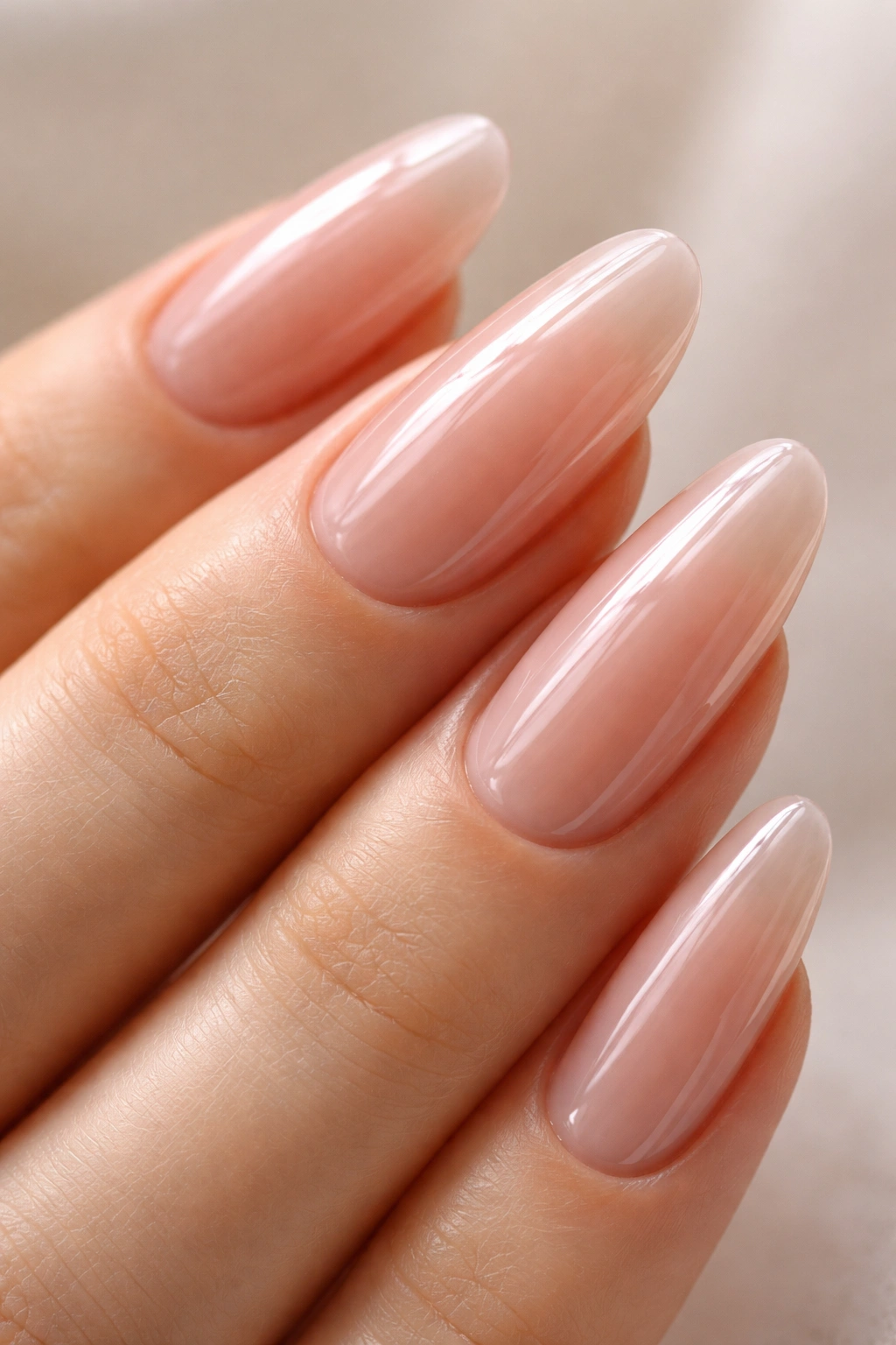 Close-up of long oval nails with jelly nude glassy finish on natural hand