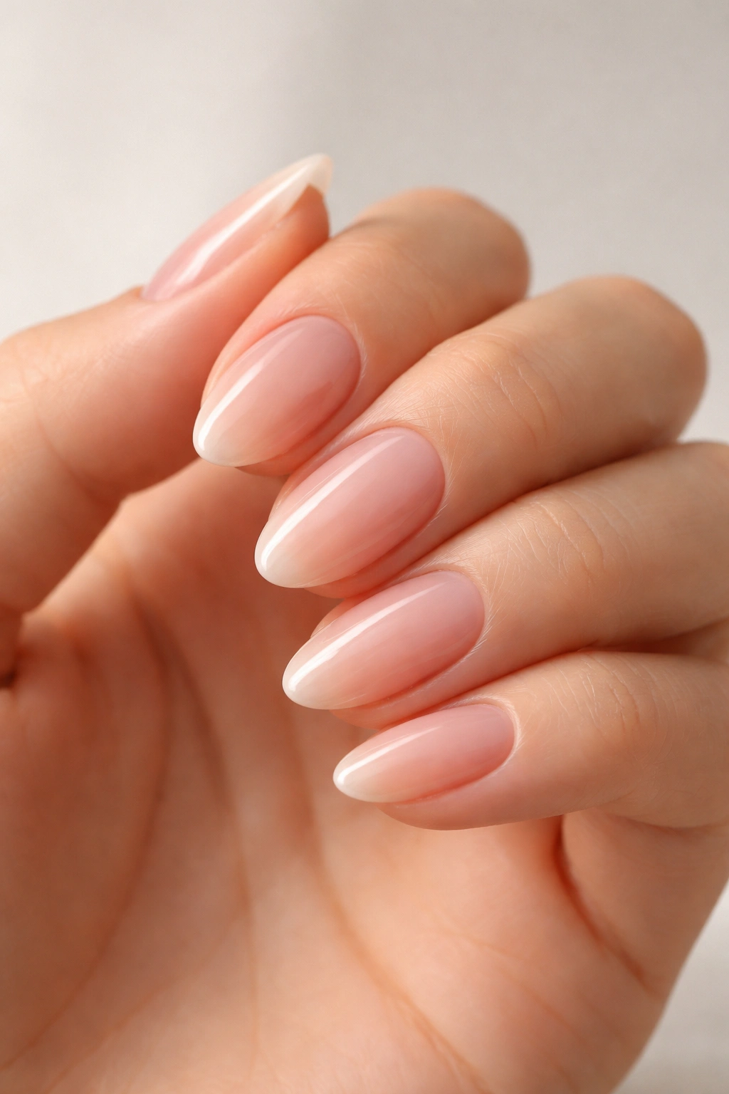 Close-up of jelly nude almond nails showing natural nail through sheer polish