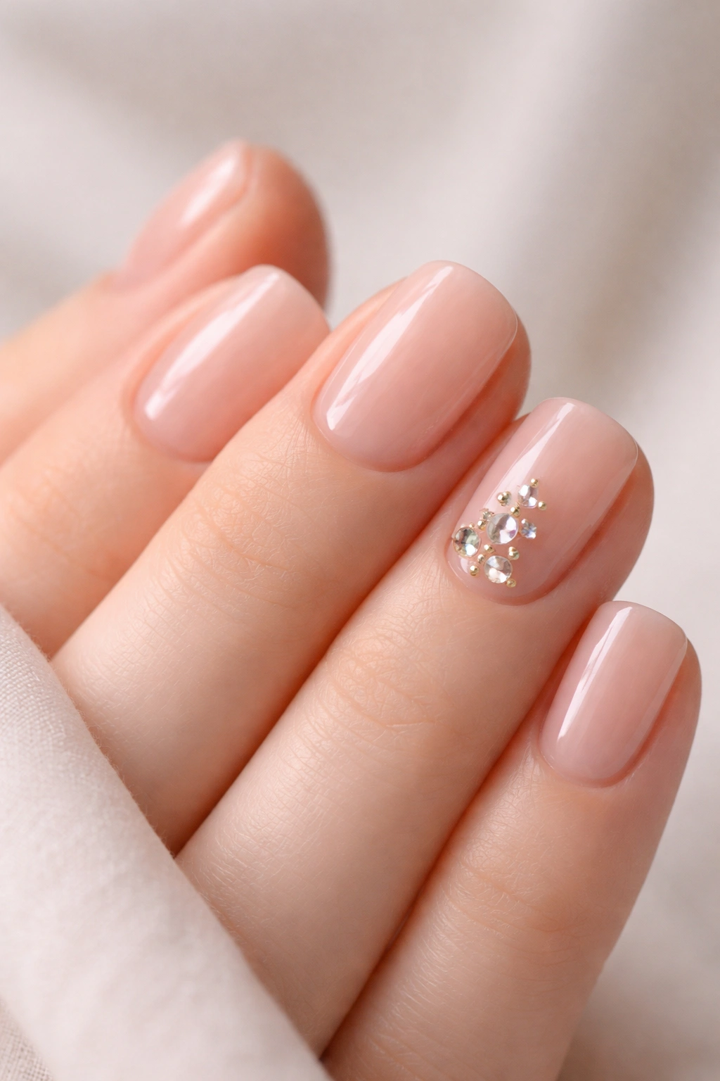 Close-up of short nails with nude jelly base and gemstone accents