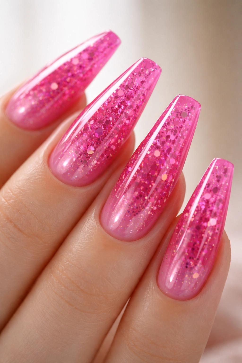 Close-up of jelly pink nails with encapsulated glitter on ballerina shape