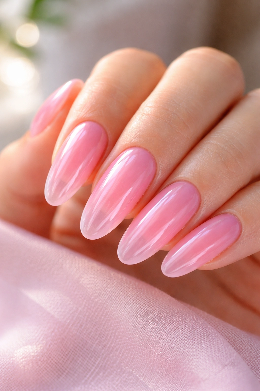 Jelly pink long oval nails with translucent glossy finish.