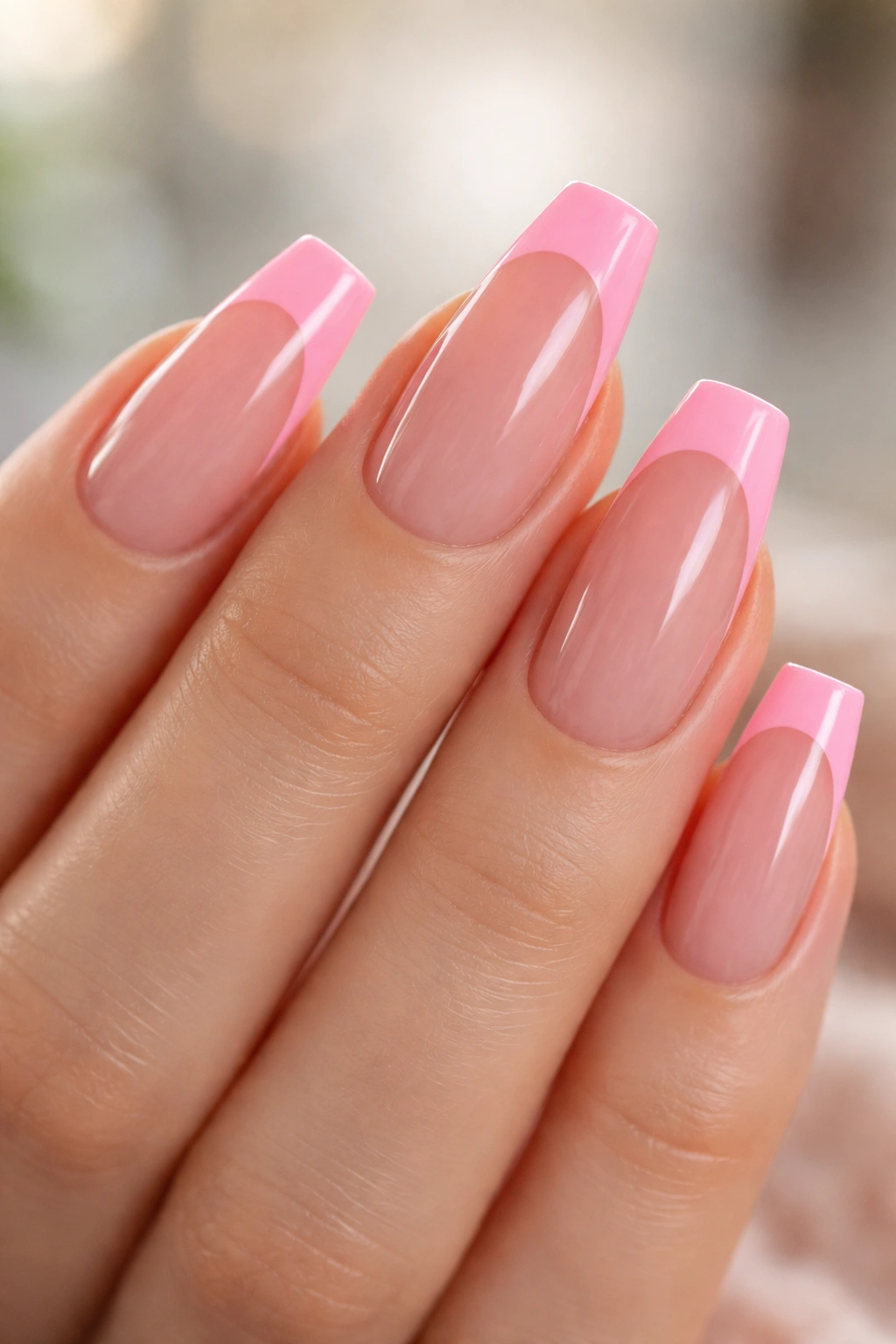 Ballerina nails with jelly pink base and bubblegum edge.