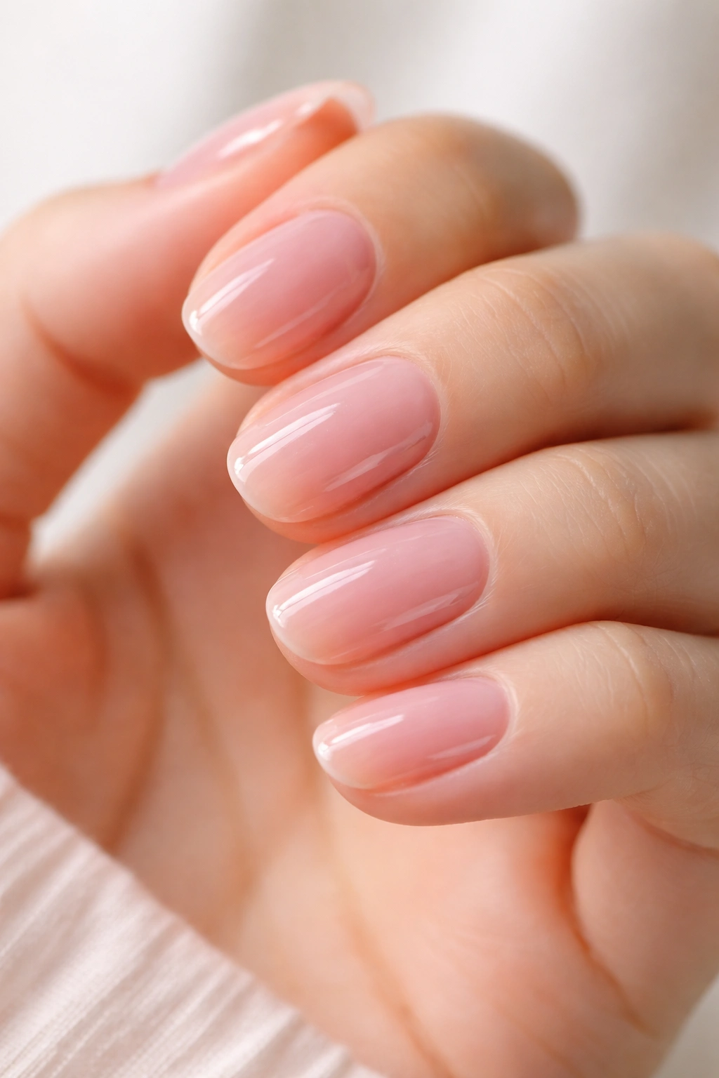 Close-up of short oval nails with translucent jelly pink showing nail bed
