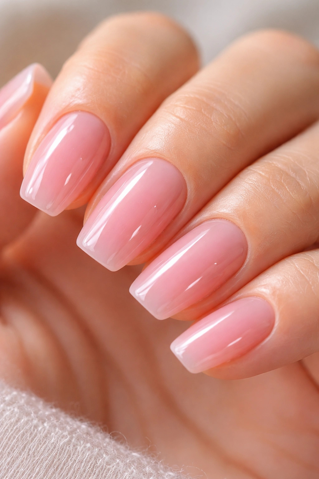 Close-up of baby pink jelly ballerina nails on short tips.