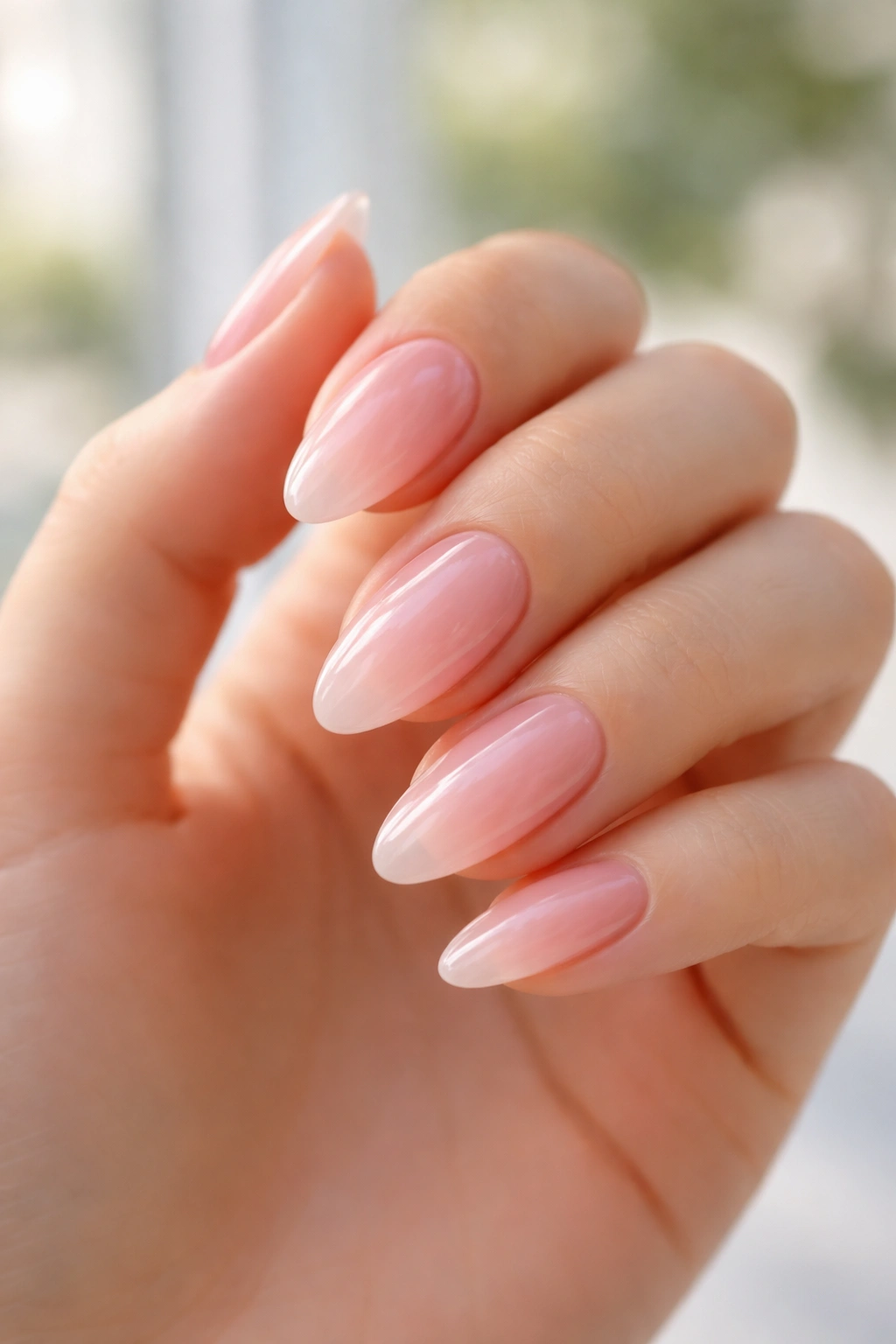 Close-up of almond nails with translucent jelly milky pink finish.