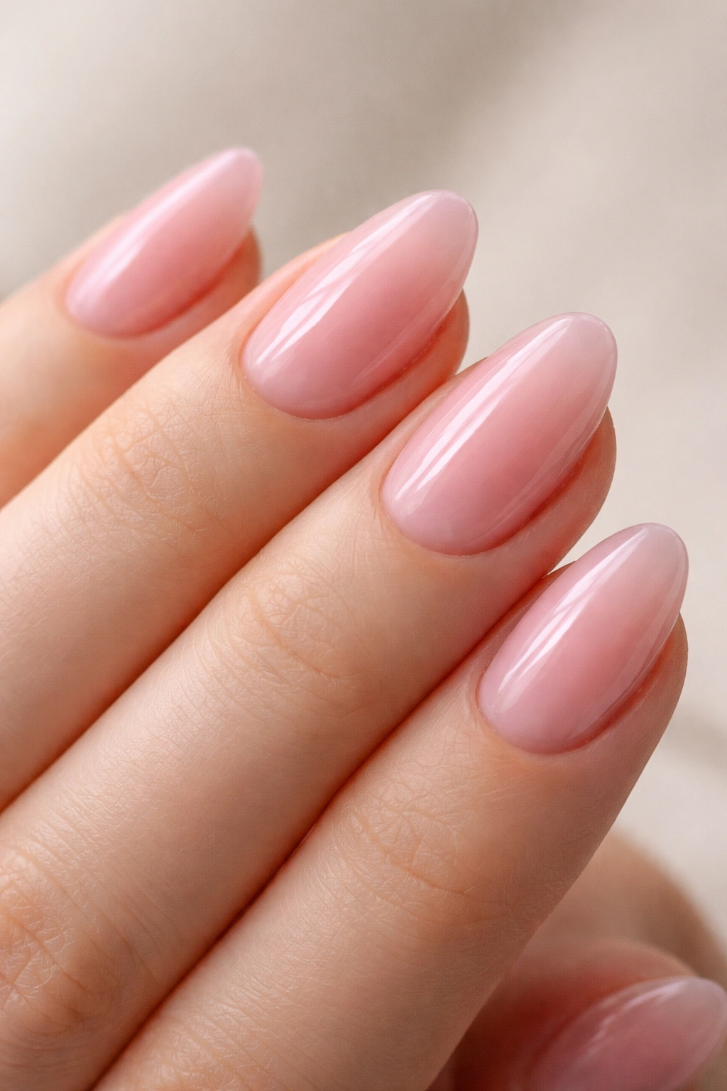 Close-up of jelly pink almond nails on short length showing translucent glow