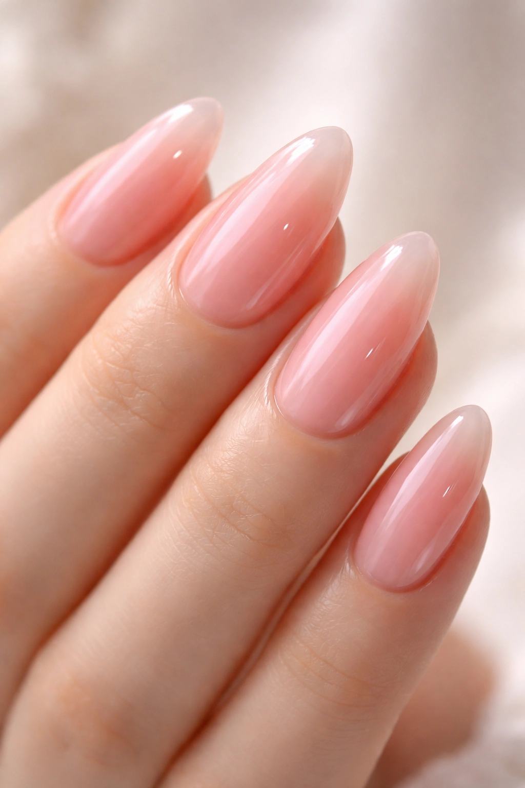 Close-up of jelly pink almond oval nails with translucent polish and glossy finish