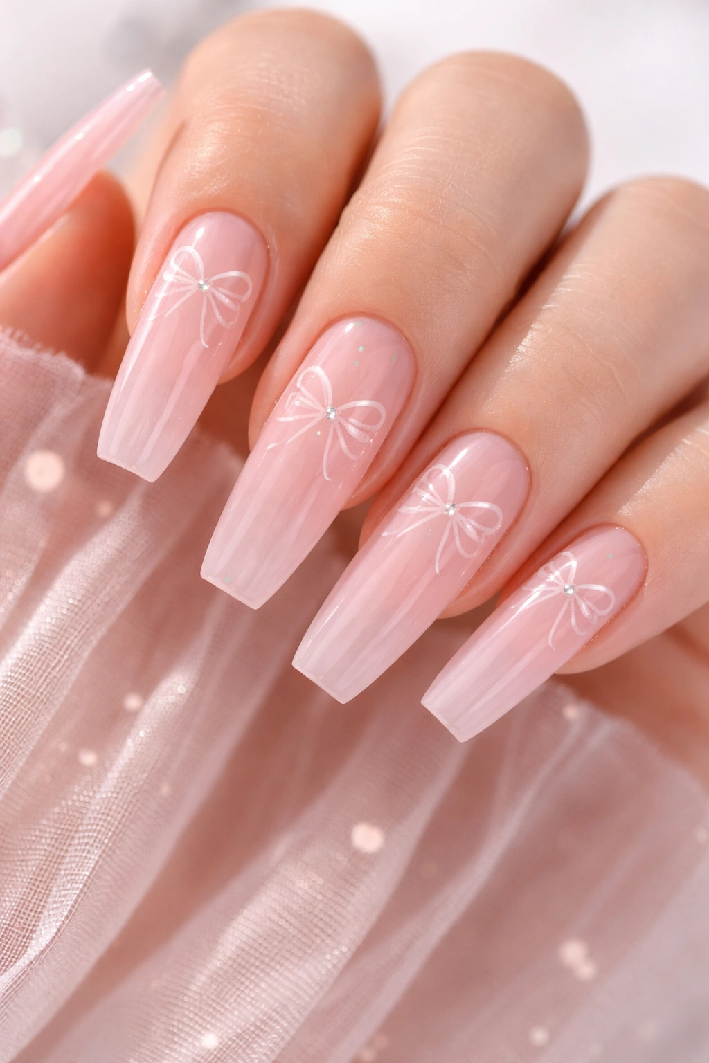 Close-up of sheer jelly pink ballerina nails with floating bow outlines