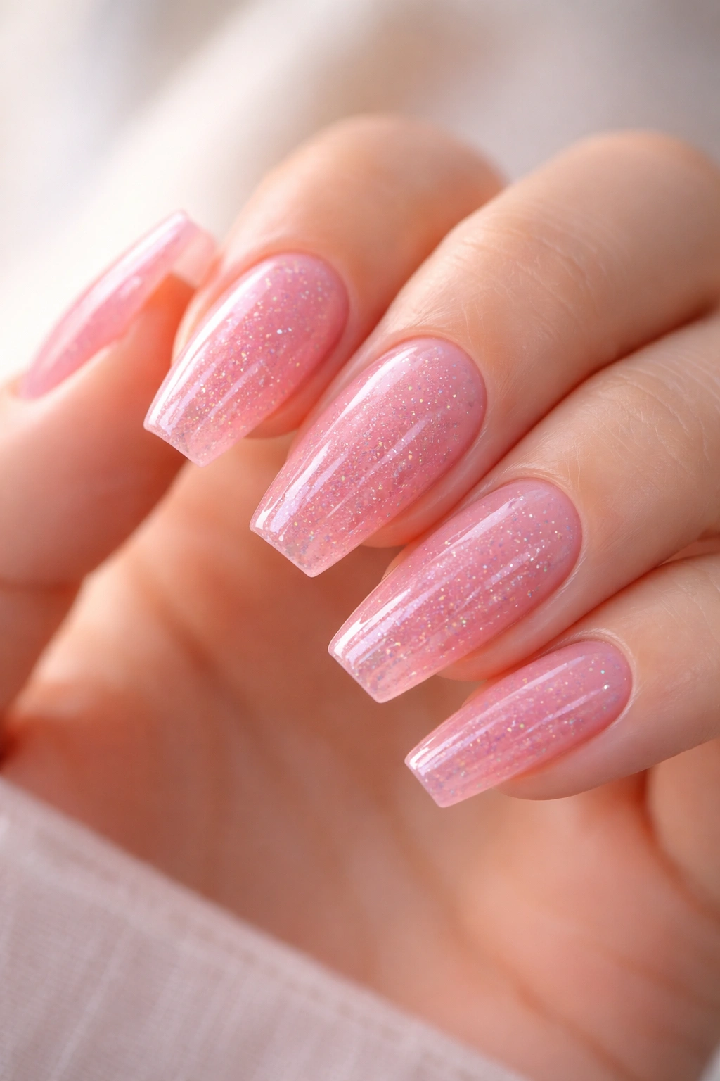 Translucent rosy jelly nails with encapsulated fine glitter on medium ballerina nails