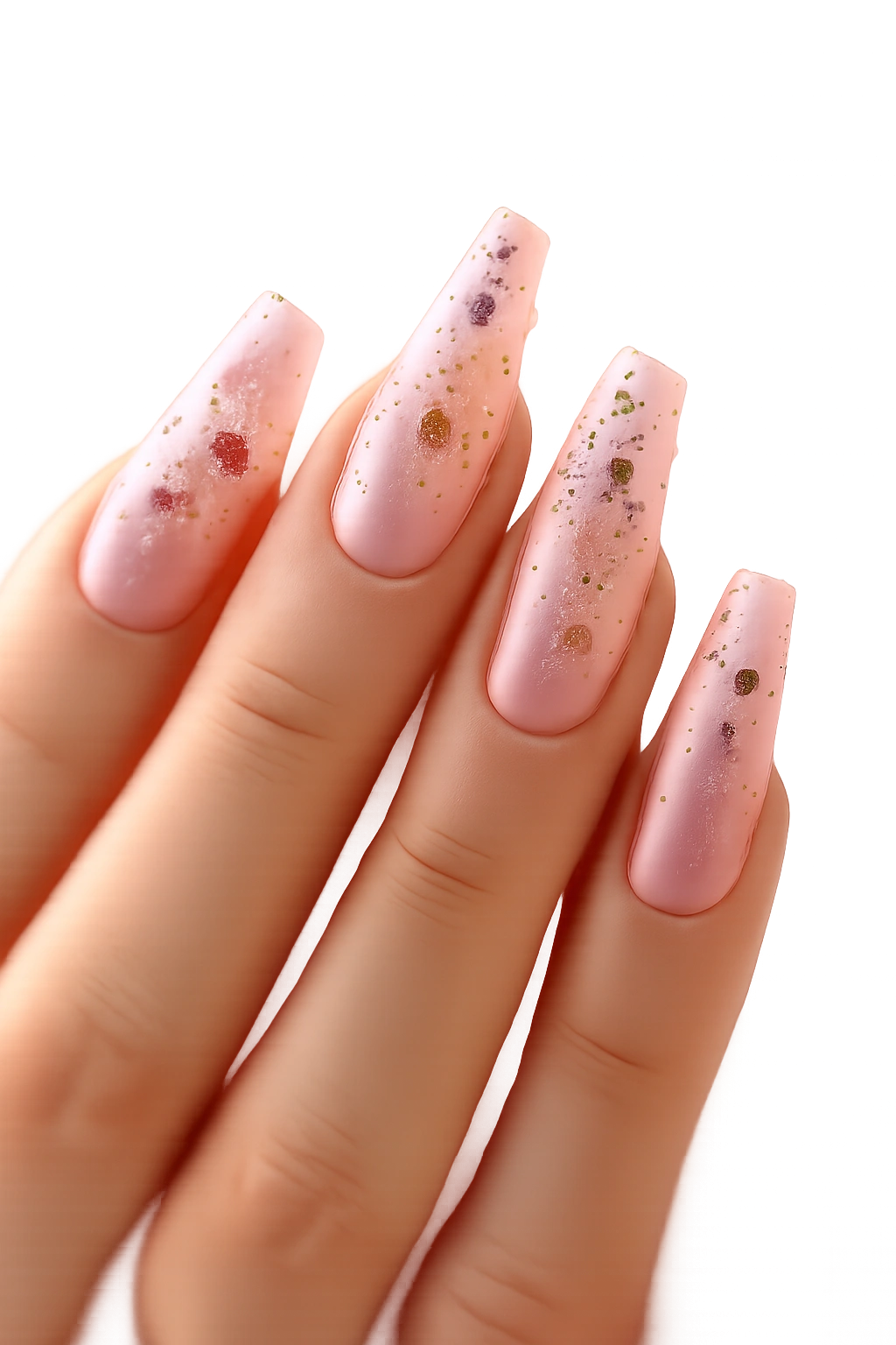 Close-up coffin nails with translucent jelly pink polish and pressed flowers