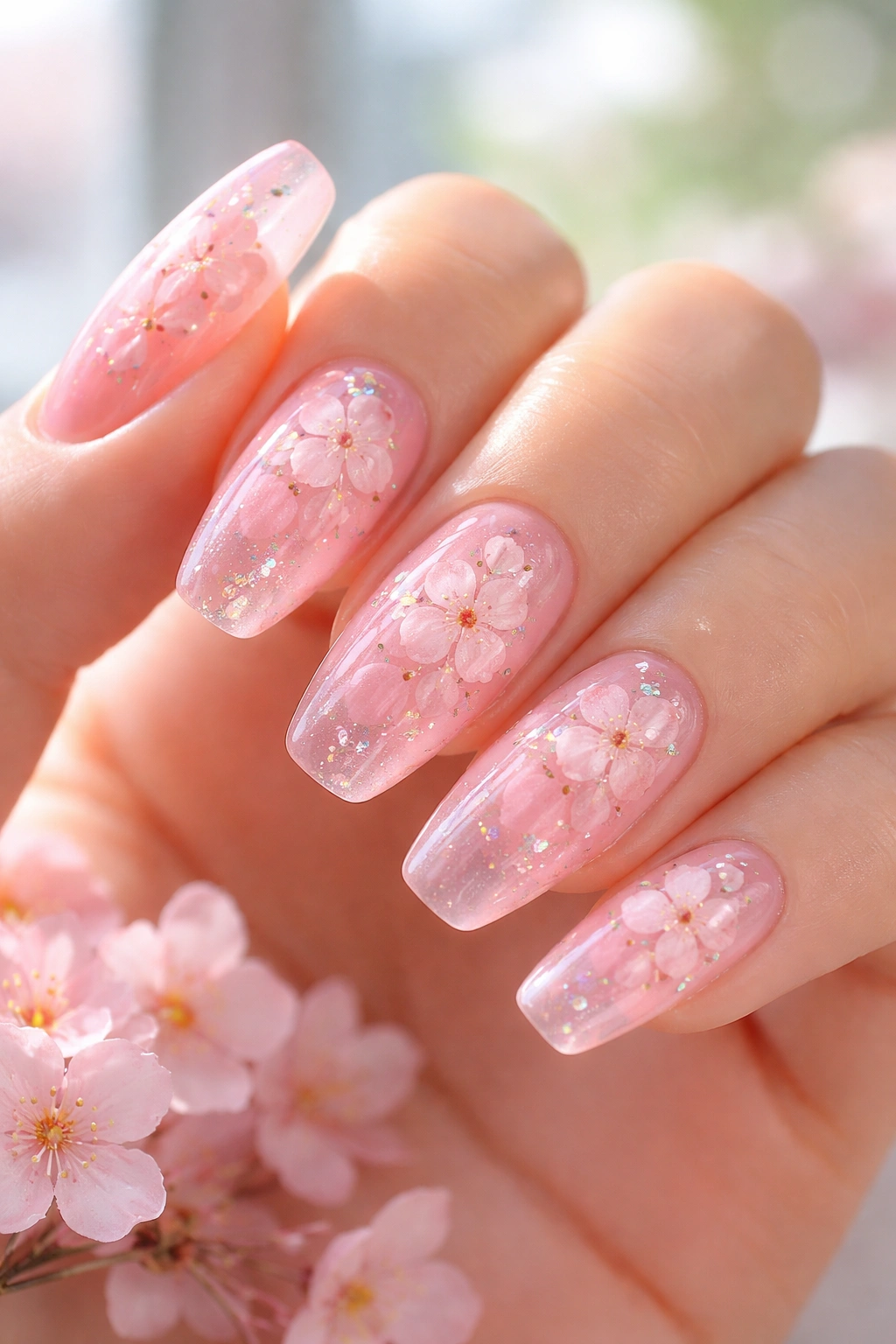 Close-up of jelly pink nails with translucent blossoms suspended in gel